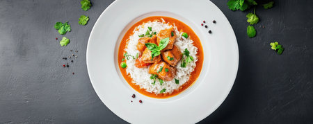 Indulge in the captivating aroma and complex flavors of this exotic culinary creation Vibrant hues of tender chicken perfectly complement fluffy rice, adorned with fresh cilantro This gourmet masterpiece, infused with fragrant spices and fresh herbs, promises a symphony of taste and texture A stunning visual experience inviting you to AI Generativeの素材