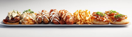 Experience gourmet street food at home! This image presents a tempting home-cooked meal of mini hot dogs and golden-brown fries Assorted hot dogs are piled high with flavorful sauces and condiments Discover the art of crafting bold, authentic flavors in your own kitchen with this delicious blend of comfort and AI Generativeの素材