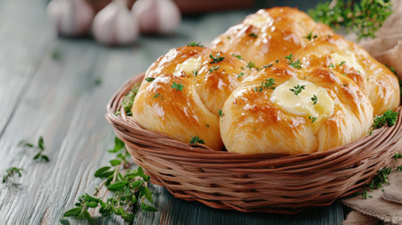 Imagine warm, golden garlic knots, glistening with melted butter and herbs, arriving at your table These fluffy, savory treats, baked to perfection, offer a symphony of flavors in every bite Perfect for sharing or indulging alone, this irresistible appetizer elevates your dining experience with ultimate comfort food Tantalize your taste AI Generativeの素材