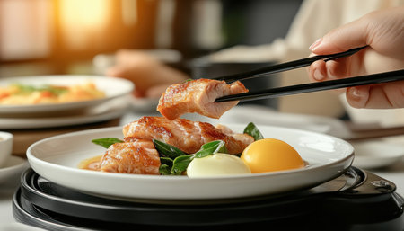 Experience culinary artistry with this gourmet dish Exotic meats, seared to perfection, are plated with precision, creating a visual and flavorful masterpiece Delicate sauces enhance the tender wild game, offering a luxurious and unforgettable dining experience Savor the rich flavors and elevate your senses with this celebration of fine cuisine AI Generativeの素材