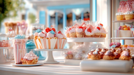 Immerse yourself in a delightful dessert market scene Soft light illuminates warm pastries, artful cupcakes, and sugary confections, sparking childhood joy This image captures culinary beauty with vibrant colors and tempting textures The air is filled with the sweet scent of caramelized sugar and tempting street food, inviting you to AI Generativeの素材