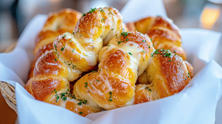 Savor the allure of warm garlic knots! This image showcases a rustic basket overflowing with golden, buttery knots, glistening with herbs The close-up highlights their irresistible texture and tantalizing aroma, perfect for enticing food lovers on social media Ideal for restaurants and bloggers craving a visually delicious comfort food image AI Generativeの素材