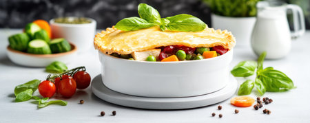 Warm up with a taste of homemade comfort! This image showcases a golden, flaky-crusted chicken pot pie brimming with tender chicken and savory vegetables Imagine the crisp, buttery pastry and the hearty, perfectly baked filling It's an easy-to-make recipe, ideal for cozy nights and family dinners, celebrating the simple joy AI Generativeの素材