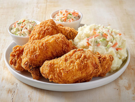 Capture Southern comfort with this mouthwatering image! Golden-brown fried chicken, crispy and juicy, paired with creamy mashed potatoes and refreshing coleslaw Perfect for food bloggers and recipe sites, this photo evokes home-cooked goodness and promises a delectable dining experience A visual taste of heaven that's sure to satisfy any craving AI Generativeの素材