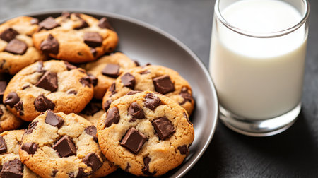 Experience pure comfort with homemade chocolate chip cookies, fresh from the oven A plate of warm cookies paired with a glass of cold milk creates a picture-perfect scene These treats capture the essence of baking, perfect for food blogs, recipe sites, and advertisements Baked to perfection, these melt-in-your-mouth cookies and AI Generativeの素材