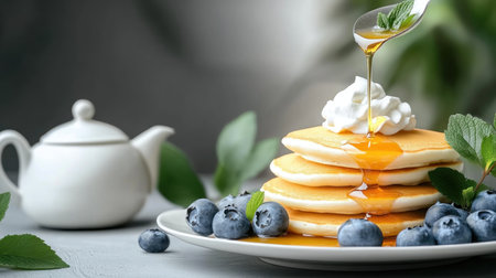 Start your day with golden, fluffy buttermilk pancakes! Drenched in maple syrup and adorned with fresh berries and whipped cream, this classic breakfast treat is pure bliss These light, airy, homemade pancakes burst with flavor, perfect for weekend brunch or a special morning It's a photogenic plate guaranteed to tantalize AI Generativeの素材