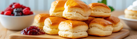 Escape to a world of comfort with this idyllic afternoon tea scene Warm, buttery scones await, topped with generous clotted cream and sweet berry jam Imagine the delightful flavors and cozy atmosphere perfect for a special occasion or a moment of pure relaxation This image evokes feelings of culinary AI Generativeの素材