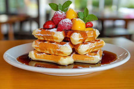 Capture breakfast perfection with this vibrant image of golden waffles topped with fresh fruit, maple syrup, and powdered sugar This high-quality photo evokes a delightful morning experience, perfect for food blogs, menus, and social media Elevate your content with this appetizing visual that celebrates the joy of a delicious breakfast AI Generativeの素材