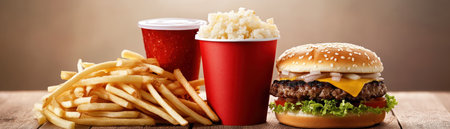 Experience the future of fast food! This image presents a modern, organic twist on classic favorites A juicy burger, crispy fries, and refreshing drink showcase wholesome ingredients crafted for convenience and deliciousness It's proof that fast food can be both nutritious and satisfying, a visual feast that redefines quick meals AI Generativeの素材