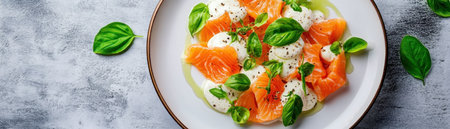Experience culinary artistry with this minimalist gourmet dish Neutral tones and soft, diffused lighting highlight perfectly arranged salmon, creamy cheese, and vibrant basil This sophisticated photograph elevates food photography, showcasing fresh ingredients and elegant presentation in a visual delight A true feast for the eyes AI Generativeの素材