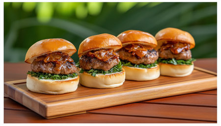 Experience fast food, elevated These gourmet sliders redefine the classic, boasting truffle-infused patties, sharp aged cheddar, and fragrant fresh herbs, all nestled in soft brioche buns Savor the umami richness and vibrant flavors as ordinary transforms into extraordinary, creating an unforgettable culinary adventure Indulge in quality ingredients and innovative techniques AI Generativeの素材