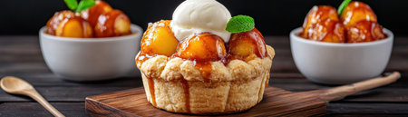 Escape into blissful comfort with homemade peach cobbler Imagine warm, juicy peaches nestled beneath a buttery, flaky crust, its sweet aroma enveloping you A scoop of melting vanilla ice cream crowns this classic dessert, creating a symphony of flavors and textures Perfect for any occasion, it's pure joy in every AI Generativeの素材