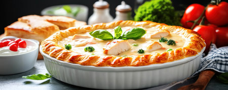 Imagine a cozy evening with this image of a golden-crusted chicken pot pie Tender chicken and vegetables fill the flaky pastry, served in a rustic ceramic dish alongside vibrant tomatoes, broccoli, and fresh herbs Its inviting warmth and savory aroma make it perfect for family dinners, recipe inspiration, or sharing AI Generativeの素材