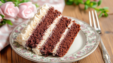 Savor a slice of classic chocolate cake in this exquisite image Rich, creamy frosting layers the velvety cake, creating a symphony of flavors Served on a vintage plate, it exudes elegance and nostalgia An irresistible visual delight, perfect for dessert enthusiasts and home baking aficionados AI Generativeの素材