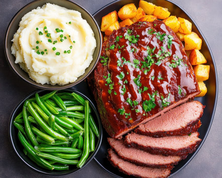 Relive cherished family dinners with our heartwarming comfort meal Sink into savory homemade meatloaf, creamy mashed potatoes, and tender green beans Experience a perfect balance of flavors, evoking feelings of togetherness and love This classic feast is a delightful reminder of simple joys and lasting memories, offering unparalleled comfort in AI Generativeの素材