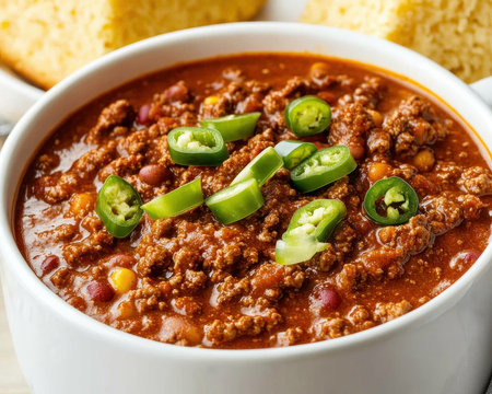 Indulge in a comforting chili experience A hearty pot brimming with savory ground beef, spices, and beans promises warmth and satisfaction Paired perfectly with crumbly, golden cornbread, it's a rustic symphony of textures and tastes This image captures the essence of homemade goodness, inviting you to savor every delightful spoonful AI Generativeの素材