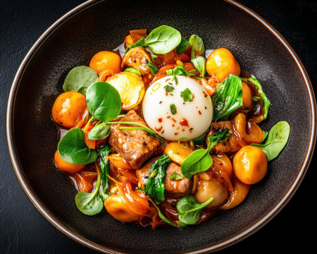 Experience culinary drama with this high-contrast food shot Seared beef, poached egg, glazed carrots, mushrooms, and spinach are elegantly composed in a dark bowl against a moody background Dramatic lighting highlights textures and colors, capturing the essence of fine dining Download now and add sophisticated gastronomic art to your kitchen AI Generativeの素材