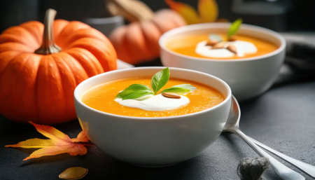 Escape the chill with a comforting bowl of homemade pumpkin soup! Creamy, fragrant, and topped with cream and roasted seeds, it captures the essence of autumn's flavors This nourishing and delicious treat is perfect for cozy days or heartwarming gatherings Indulge in a culinary masterpiece that embodies the spirit of AI Generativeの素材