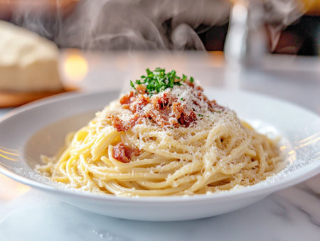 Dive into comfort with our carbonara photo Steaming spaghetti, coated in rich, creamy sauce, meets crispy pancetta and grated Parmesan Perfectly cooked noodles create a symphony of flavors in every bite Salty pancetta adds crunch, Parmesan elevates the dish Discover Italian joy ideal for food blogs, restaurants, and social AI Generativeの素材