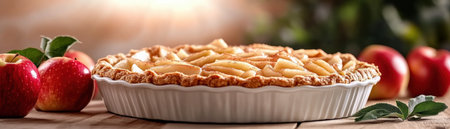 Embrace the warmth with a rustic apple pie image! See a golden, flaky crust embrace spiced apple slices and caramelized sugar, lovingly baked in a white dish Ripe apples and lush greenery frame this homemade delight, embodying autumn baking, comfort food, and the joy of sharing sweet traditions with loved AI Generativeの素材