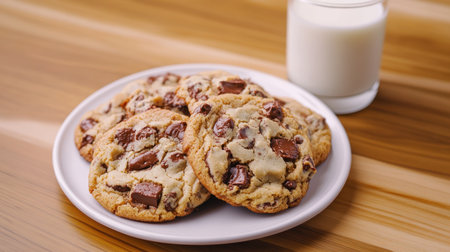 Experience pure bliss with warm, homemade chocolate chip cookies and cold milk Delight in crispy edges and gooey centers crafted with our easy recipe Elevate your baking and savor each bite of this classic treat Perfect for sharing or a cozy indulgence, these cookies promise unforgettable moments filled with delicious AI Generativeの素材