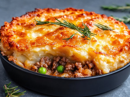Savor the warmth of a classic shepherd's pie Golden, crispy mashed potatoes crown a savory, hearty filling in this comforting image Perfect for cozy nights or gatherings, this beloved dish offers a symphony of delicious flavors and textures A culinary masterpiece and guaranteed crowd-pleaser, it embodies the beauty of home-cooked AI Generativeの素材