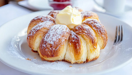 Savor simple joys with this image of a warm, golden brioche loaf Freshly baked, its airy texture and crisp crust are enhanced by sweet jam and creamy butter A perfect breakfast or afternoon treat, this brioche offers a moment of pure culinary bliss Indulge in comfort and deliciousness, sharing the AI Generativeの素材