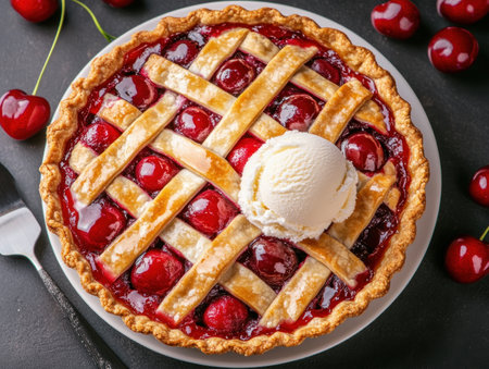 Experience pure bliss with a homemade cherry pie Ripe, sweet-tart cherries mingle with creamy vanilla ice cream, all nestled in a perfectly latticed, golden crust Each bite is a symphony of textures and flavors, a culinary masterpiece that promises to delight your senses and warm your soul It's a slice AI Generativeの素材