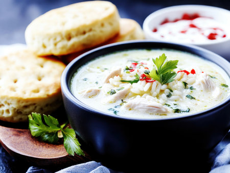Escape the chill with creamy chicken and rice soup! Tender chicken, fluffy rice, and a rich broth create ultimate comfort Paired with warm, buttery biscuits, it's a culinary dream This soup and biscuit combo delivers warmth, flavor, and pure cozy enjoyment in every bite Perfect for a simple, satisfying meal AI Generativeの素材
