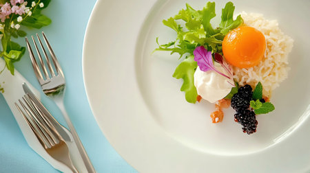 Experience fine dining at home with this stunning top-down view of a gourmet dish Elegant plating and intricate composition showcase a symphony of flavors and textures Indulge in the artistry of food presentation, where harmonious ingredients create a visual feast Explore the refined design and discover culinary magic today! AI Generativeの素材