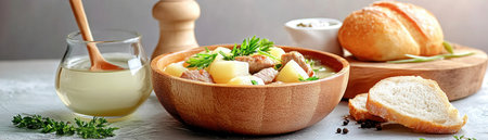 Escape into cozy warmth with this comforting image of homemade stew Tender meat and vegetables mingle in a rich broth, perfectly paired with crusty bread A culinary hug in a bowl, this stew embodies simplicity and flavor, promising complete satisfaction on a cold night Experience the pure joy of home AI Generativeの素材