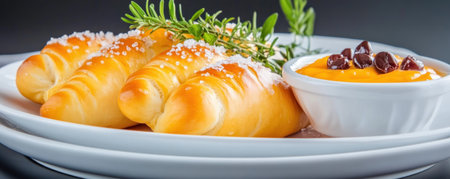 Experience pure bliss with our soft, warm pretzel Sprinkled with coarse salt and paired with a rich cheese dip, this classic treat is elevated to culinary perfection Savor the golden hue, inviting aroma, and satisfying crunch as flavors dance on your palate It's a simple indulgence bringing warmth and joy, AI Generativeの素材
