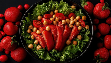 Immerse yourself in a vibrant food flat lay! This balanced composition showcases a stunning salad with fresh lettuce, tomatoes, strawberries, and chickpeas, carefully arranged with color harmony and negative space Captured from a top-down view with natural light, this image embodies healthy eating and aesthetic food photography Perfect for blogs, AI Generativeの素材