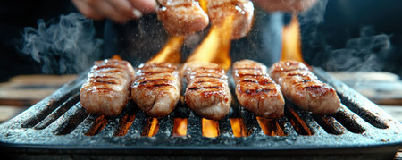 A street food vendor expertly roasts sizzling skewers, their caramelized glaze perfuming the air These perfectly grilled kebabs offer an authentic and flavorful culinary delight The sizzling grill and tempting aroma create an irresistible outdoor cooking experience, capturing the essence of vibrant street food culture Savor every juicy bite in AI Generativeの素材