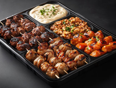 Craving delicious grilled skewers? Our fast food stand serves up culinary delight with perfectly charred kebabs, chicken, and beef Bold dipping sauces elevate the experience, offering a vibrant blend of smoky and savory flavors Ideal for quick bites or catering, taste the best grilled skewers in town today! AI Generativeの素材