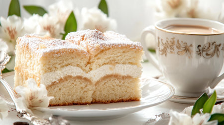 Experience pure comfort with a slice of buttery pound cake and freshly brewed coffee This image captures warmth and simple pleasures, perfect for a cozy morning or afternoon treat The visual feast inspires baking or simply satisfies a craving for delicious cake and aromatic coffee AI Generativeの素材