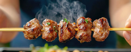 Experience street food bliss! Watch a skilled vendor roast savory skewers, their caramelized glaze creating an irresistible aroma Indulge in this authentic culinary art, a delicious blend of sweet and savory Explore vibrant street food culture, discover new flavors, and embark on a tasteful gourmet journey! A feast for the AI Generativeの素材