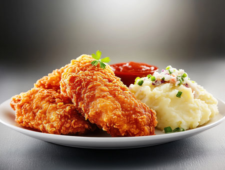 Savor crispy, golden-brown fried chicken, juicy inside and out This Southern-inspired feast pairs perfectly with creamy coleslaw, a refreshing contrast to the rich chicken Fluffy mashed potatoes complete this comforting classic Ideal for family dinners, picnics, or any occasion, this succulent chicken steals the spotlight, delivering pure deliciousness AI Generativeの素材