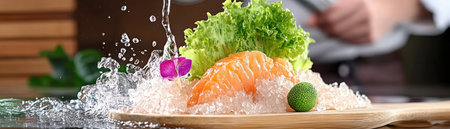 Experience culinary brilliance as a Michelin-starred chef crafts innovative fusion cuisine Witness the creation of a delicate salmon sashimi dish, adorned with vibrant greens and zesty lime, showcasing fresh seafood and intricate techniques Tradition meets innovation in this unforgettable gastronomical journey, appealing to discerning food enthusiasts seeking haute cuisine mastery AI Generativeの素材