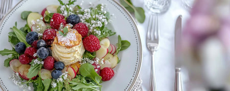 Experience culinary artistry with this top-down food photo! Fresh raspberries, blueberries, and greens beautifully arranged on a white plate showcase thoughtful composition and vibrant colors Perfect for blogs, cookbooks, and anyone seeking visual inspiration for healthy eating and elegant meal presentation, this image elevates simple ingredients into a gourmet art AI Generativeの素材