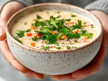 Escape to culinary bliss with a steaming bowl of exotic soup Aromatic herbs infuse this hand-crafted ceramic bowl delight, promising a cozy night in Fresh ingredients create vibrant flavors and textures in this healthy, flavorful, and easy-to-enjoy meal Warm your soul and treat your taste buds to this exquisite soup AI Generativeの素材