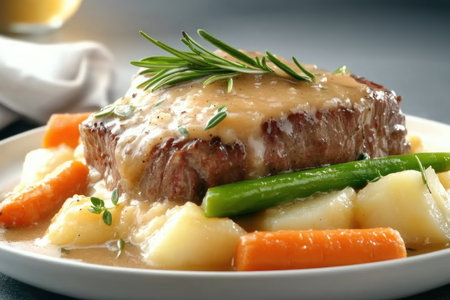 Craving comfort? Our slow-cooked pot roast delivers! Tender, fall-apart beef simmers in a rich, savory sauce with carrots and potatoes This easy-to-prepare, hearty dish is perfect for weeknights Unlock the secrets to a flavorful masterpiece where succulent beef transforms into a symphony of tastes and textures, guaranteed to please the AI Generativeの素材