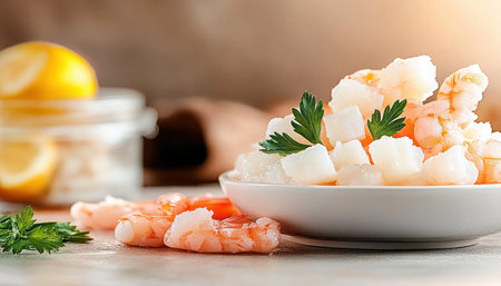 Experience culinary luxury with our gourmet seafood dish Succulent shrimp, tender scallops, and ocean treasures are bathed in a delicate citrus-infused sauce Tangy notes perfectly complement the rich, savory seafood, creating a symphony of flavors Ideal for fine dining, romantic evenings, or special occasions Elevate your culinary experience with this AI Generativeの素材