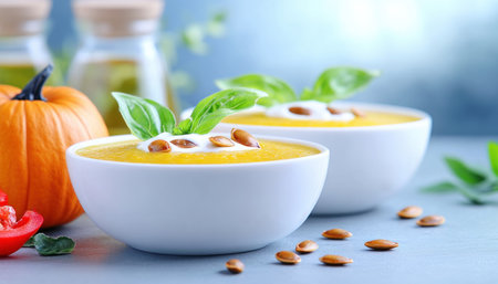 Embrace autumn's cozy spirit with a comforting image of homemade pumpkin soup, swirled with cream and topped with crunchy roasted seeds This scene embodies fall's essence and delicious seasonal flavors Discover recipes and inspiration to celebrate the joys of homemade food, vibrant colors of nature, and healthy, vibrant meals AI Generativeの素材