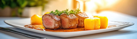 Savor culinary artistry with this image of an exquisite gourmet dish Rare exotic meats, bold flavors, and aromatic spices create a tantalizing textural symphony Perfectly seared meat, paired with vibrant sides, elevates dining to a luxurious experience Ideal for food blogs and promotions, it showcases the pinnacle of gastronomic innovation AI Generativeの素材