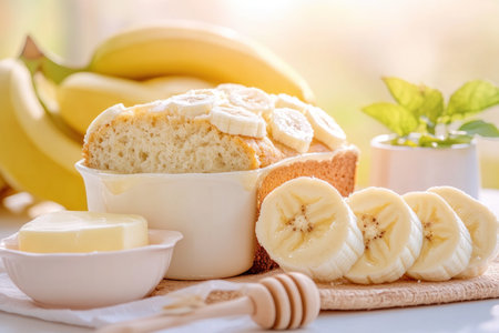 Experience pure comfort with homemade banana bread Each golden slice, dripping with melted butter and honey, offers a delightful, simple pleasure Perfect for breakfast, brunch, or a sweet snack, this heartwarming treat promises joy in every bite Discover easy recipes, baking tips, and serving suggestions for the ultimate banana bread AI Generativeの素材