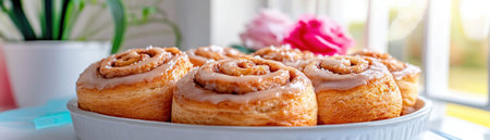 Warm, golden-brown cinnamon rolls, fresh from the oven and iced to perfection, beckon with their sweet aroma These delectable treats are perfect for any occasion, bringing warmth and comfort with every bite Share the joy of home-baked happiness with family, friends, or simply savor this cinnamon-spiced perfection yourself AI Generativeの素材