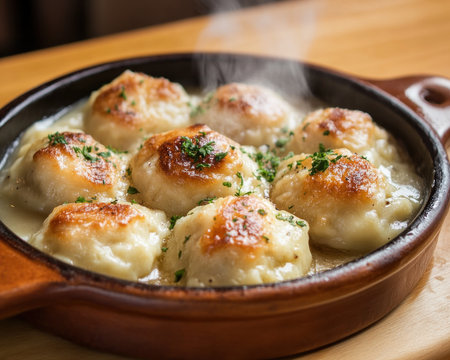 Escape the cold with this inviting image of homemade chicken and dumplings Warm, comforting, and packed with rich flavors, it's the ultimate culinary inspiration Discover the simple pleasures of homemade goodness and let this hearty dish chase away the winter blues, transporting you to a world of warmth and culinary AI Generativeの素材