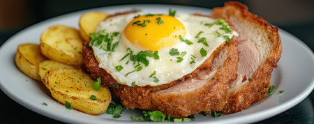Behold a culinary masterpiece: the Francesinha sandwich A symphony of succulent meat, melted cheese, and a perfectly fried egg atop golden potatoes, showcasing Porto's authentic flavors This traditional Portuguese dish, crafted with fresh, locally sourced ingredients and plated with artistic care, captures the rich culinary heritage of Portugal AI Generativeの素材