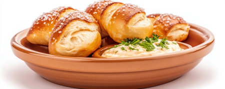 Experience pure comfort with this tempting image of a soft, warm pretzel, generously sprinkled with salt and paired with creamy cheese dip The pretzels' golden-brown hue contrasts beautifully with the rich, cheesy sauce, creating an irresistible, delicious snack Enjoy this perfect treat against a clean white background, and imagine the AI Generativeの素材